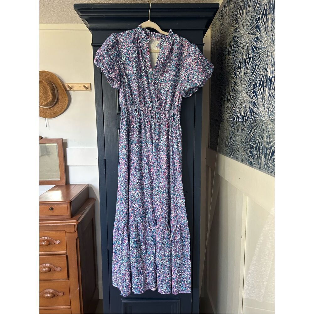 NEW Puff Short Sleeve Smocked Ruffle Flowy Midi Floral Dress S